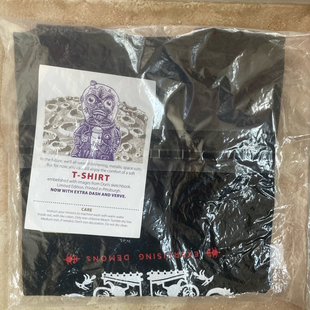NWT Demons" T-shirt Matt Stikker Lurking Class; pullover black crewneck; size S